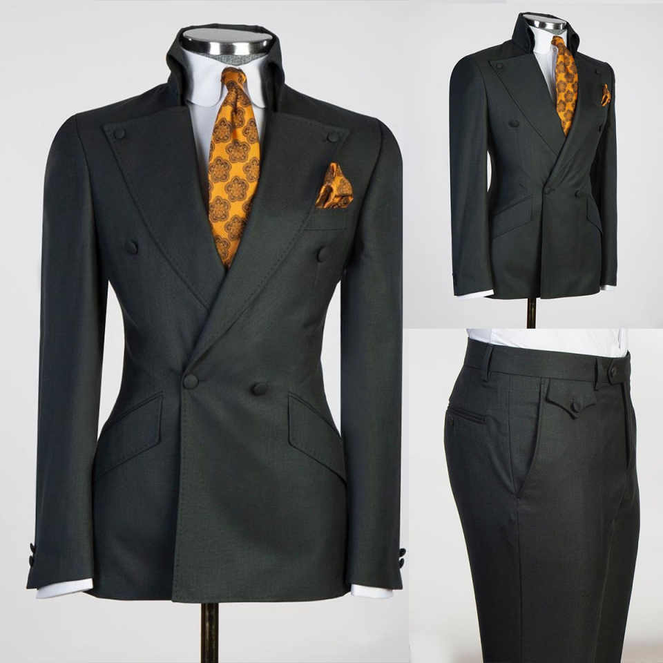 Classical Men Suits 2 Pieces Blazer Pants Double Breasted Peaked Lapel Wedding Groom Tuxedos Business Customized