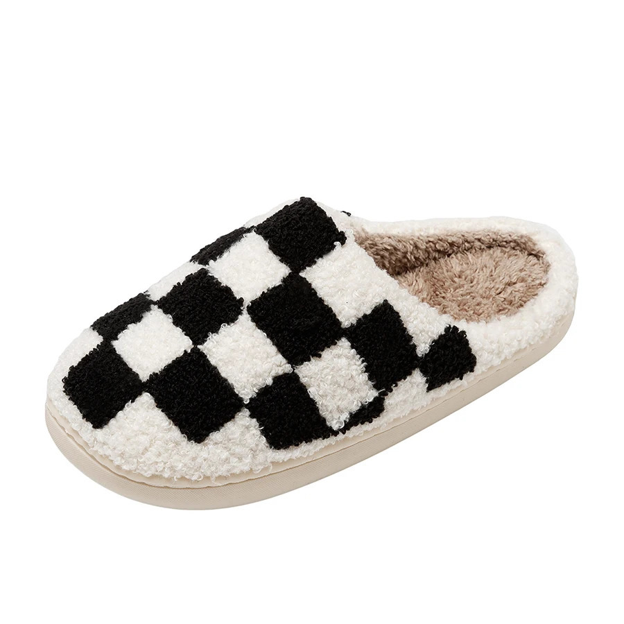 Home Fuzzy Slippers Fashion Checker Indoor Embroidery Houseshoes Cozy Woman Winter Fluffy House Retro Checkered Bedroom Shoes 250814