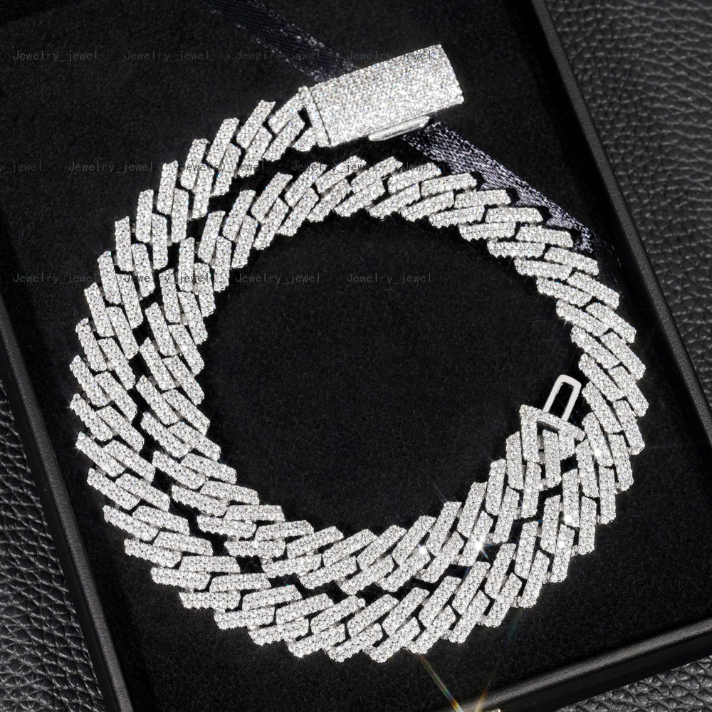 Pass Diamond Tester Hip Hop 925 Sterling Silver White Gold Plated Claw Set Double 2 Row VVS Moissanite 12MM Diamond Cuban Chains