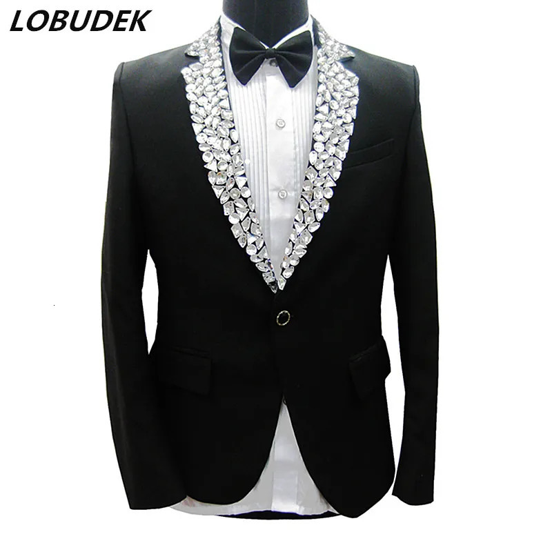 Black Mens Jacket Sparkly Rhinestones Blazers Formal Groom Wedding Prom Party Male Singer Host Stage Performance Costume 250811