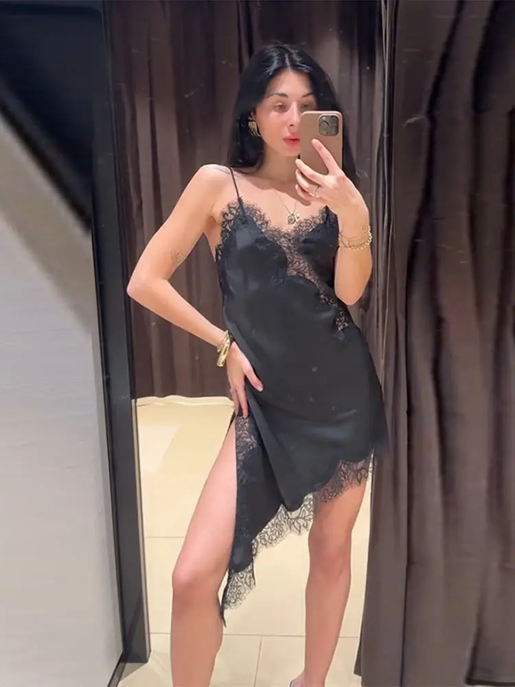 Lace Patchwork Summer Butter Dresses 2025 Women Sexy Deep V Neck Sleeveless Female Irregular Mini Dress Fashion Lady Vestidos 250813