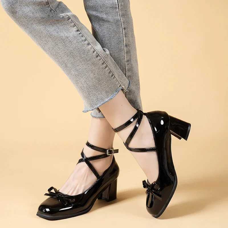 Black Retro Cross-Tie Pumps Casual Summer Round Toe Shoes Ladies Sweet Fashion Shoes Woman Bow Design W250814