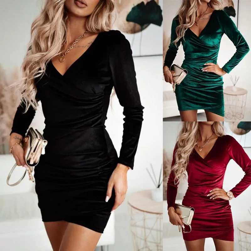 Sexy Velvet V-neck Pleated Slim Fit Long Sleeve Solid Color Dress Autumn and Winter Womens Fashionable and Elegant Short Skirt XJ250814