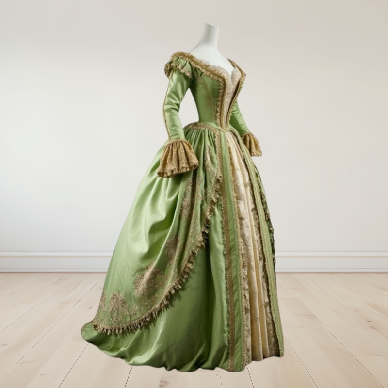 Green And Gold Vintage Victorian Prom Dresses Long Sleeves Baroque Qunee Masquerade Gowns Lace Appliques Retro Special Occasion Costume