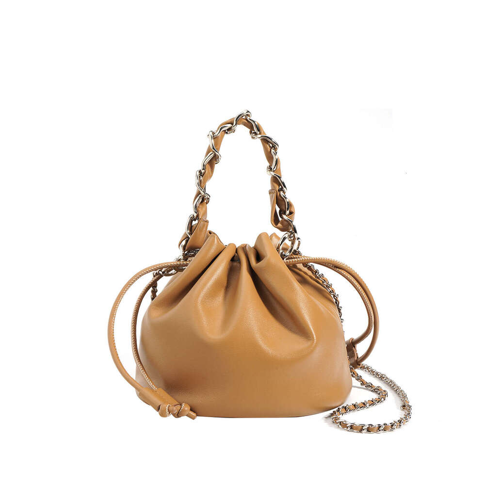 2025 New Textured Genuine Leather Drawstring Crossbody Bucket High-End Versatile Handbag Small Chain Shoulder Bag For Women
