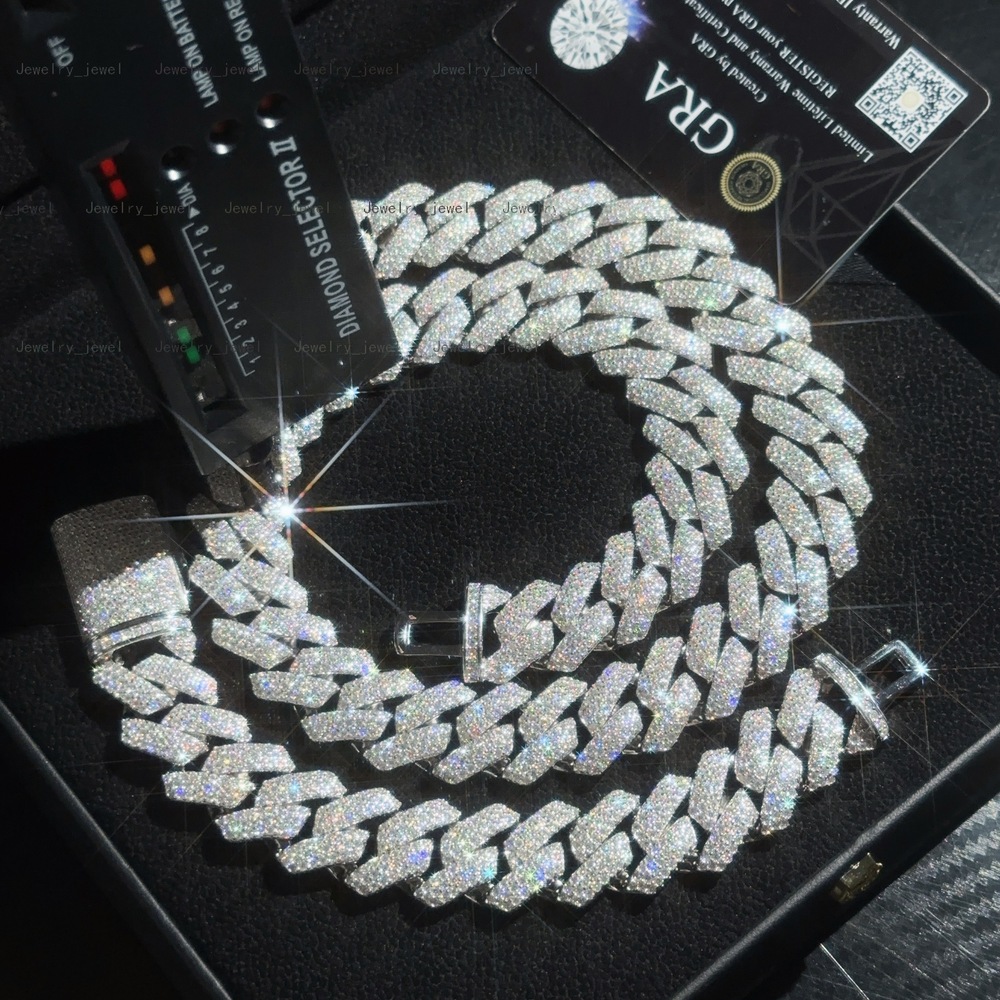 Instock Hip Hop Jewelry 3 Rows 18mm Moissanite Cuban Link Chain S925 Silver Iced Out Moissanite Cuban Link Bracelet Pass Tester