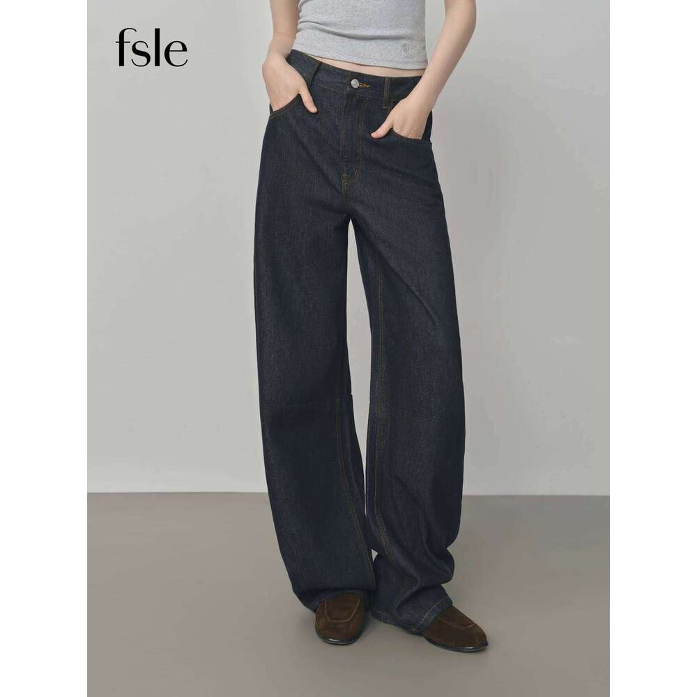 FSLE Design Relaxed High Waist Women's 2025 Autumn New Arrival Slashed Jeans Trousers 25FS13105