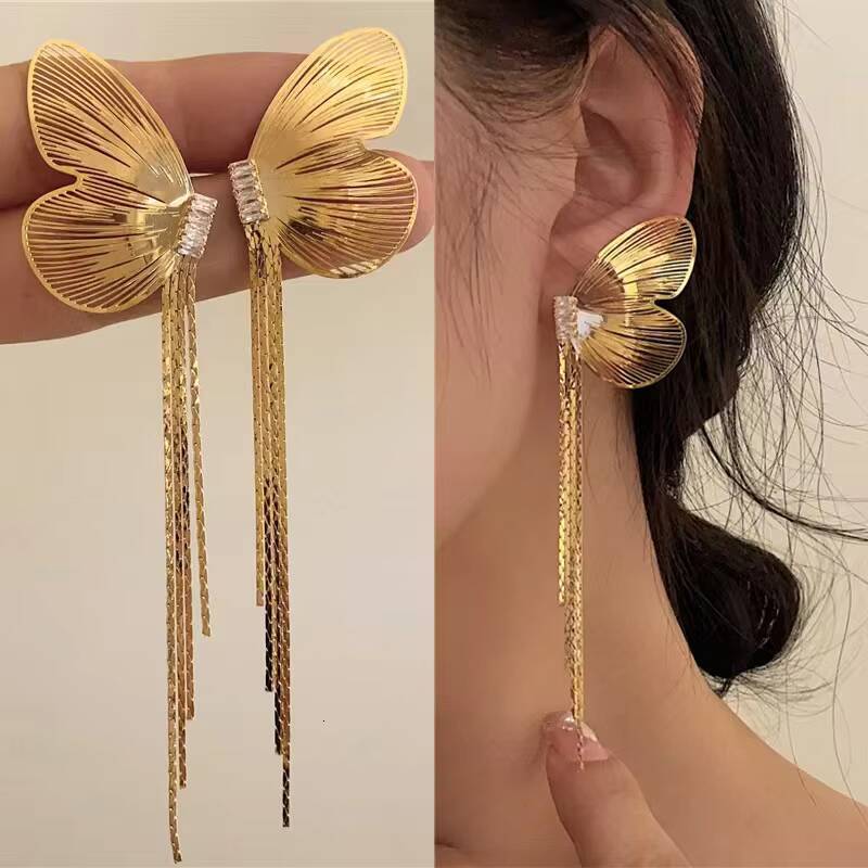 Butterfly Wing Personality Exaggerated Rhinestone Long Tassel Earrings Fashion Metal Unique Party Accessories for Girls