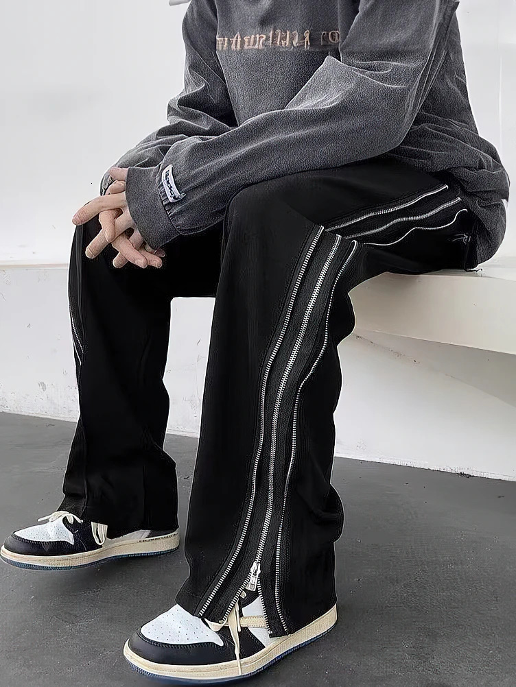 Streetwear Side Split Zipper Loose Casual Straight Pants Men Outdoor Y2k Black Parachute Long Trousers 250813