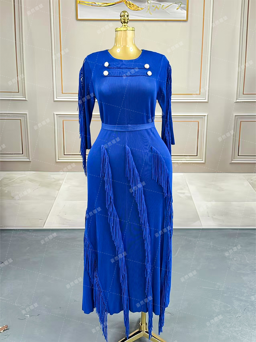 Women's Dresses Chic Floral Patterned Long Sleeve Gown with Decorative Fringe Accents 25102