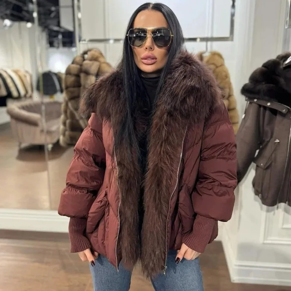 OFTBUY Winter Large Raccoon Fur Puffer Coat Women Oversized Feather Down Parka Knit Sleeve White Duck Down Jacket 250811