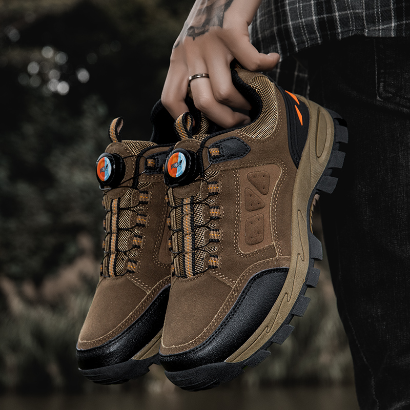 Men's genuine leather outdoor mountaineering shoes, summer city camel sports with rotating buttons, no shoelace tying, waterproof travel shoes