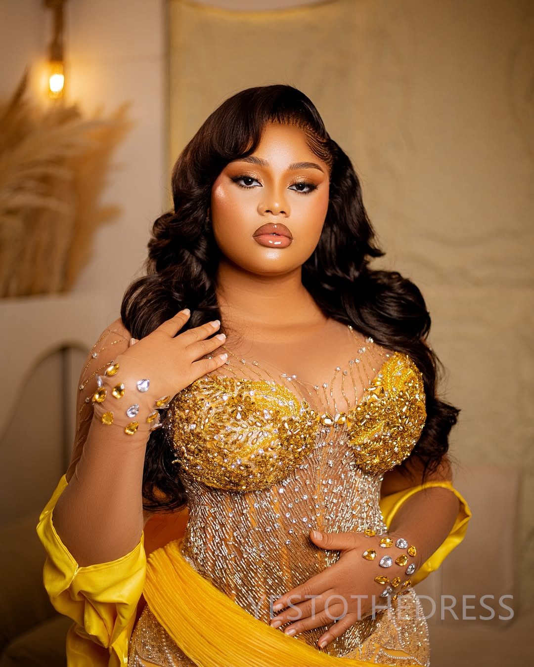 2025 Mermaid Plus Size Yellow Prom Dresses For Black Women Aso Ebi Illusion Sheer Neck Long Sleeves Lace Flora Beaded Birthday Dress Second Reception 