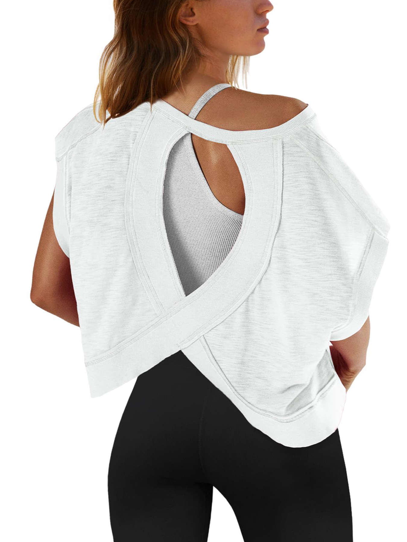 Women's T Shirts Short Sleeve Workout Shirts Open Back Tops Casual Yoga Y2k Athletic Gym Slouchy Crop Running Tees