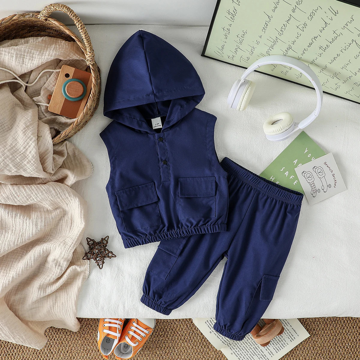 2Pcs Spring Autumn Baby Slolid Clothes Suit Children Boys Hooded Vest With Pocket Pants /Sets Kids Clothing Infant Outfits 250813