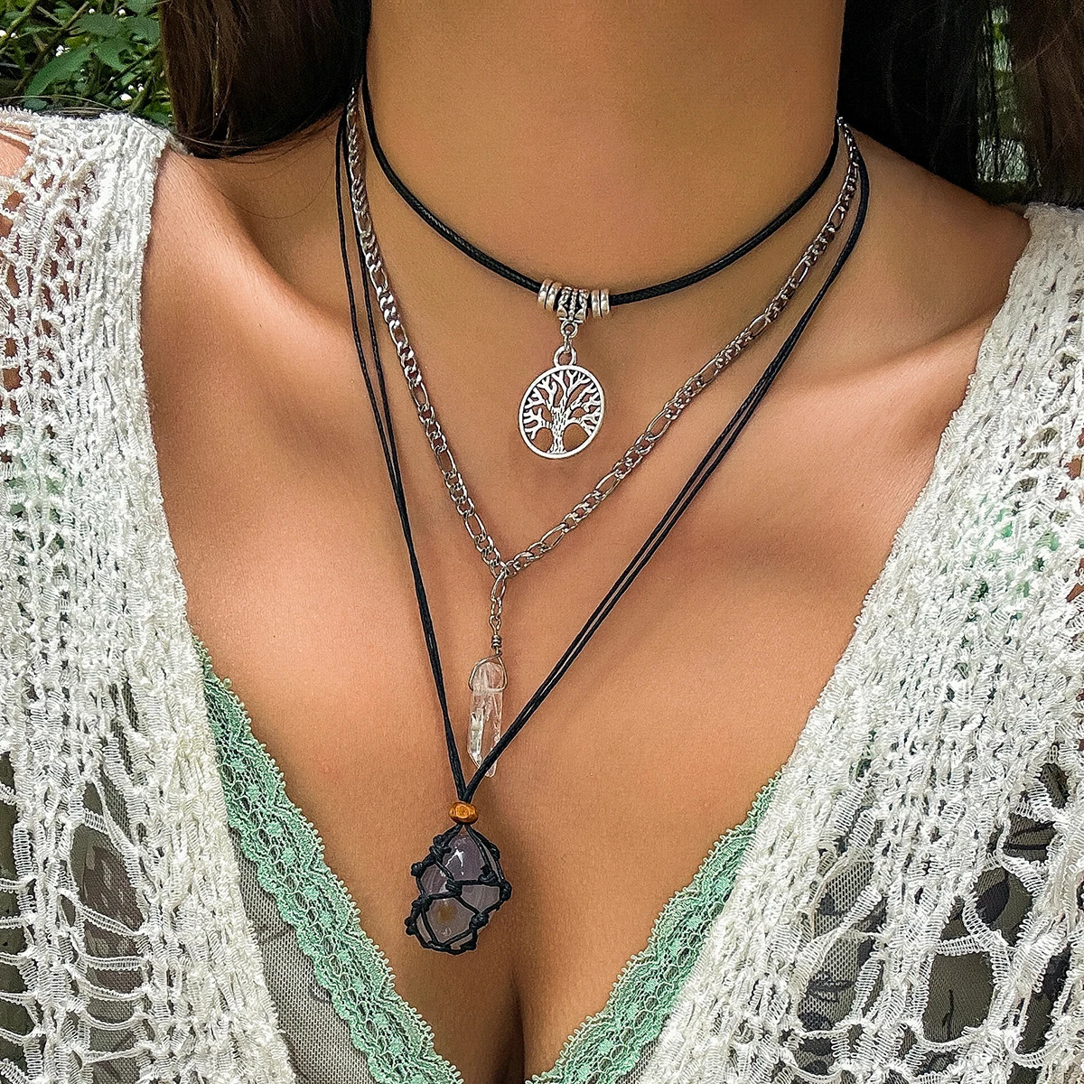 PuRui Vintage Natural Stone Beads Pendent Necklace for Women Crystal Charm Multilayer Rope Choker Neck Chain Jewelry Party Girls 250812