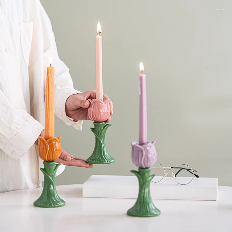 Candle Holders Ceramic Holder Cartoon Flower Shape Candelabrum Desktop Storage Accessories Candlestick Home Decoration H260310