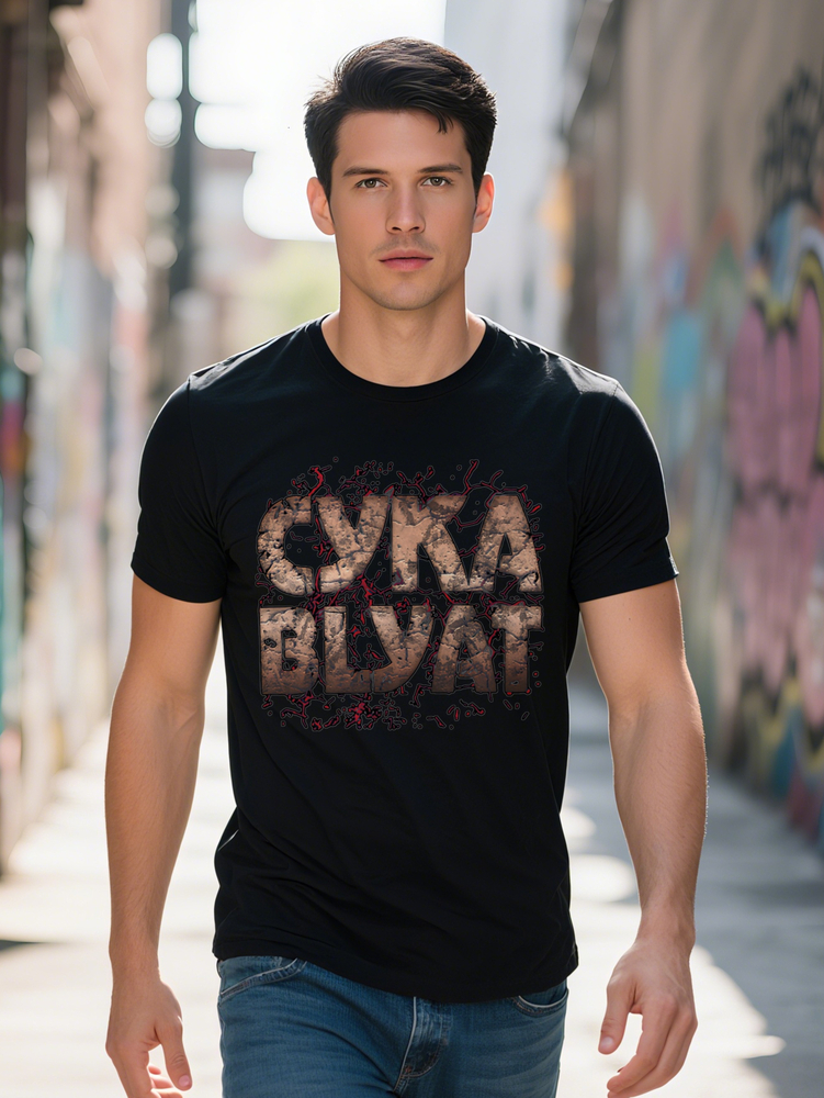 Men S Casual CYKA BLYAT Graphic T Shirt Black with Letter Print Round Neck Stretch Fabric Summer Style Perfect