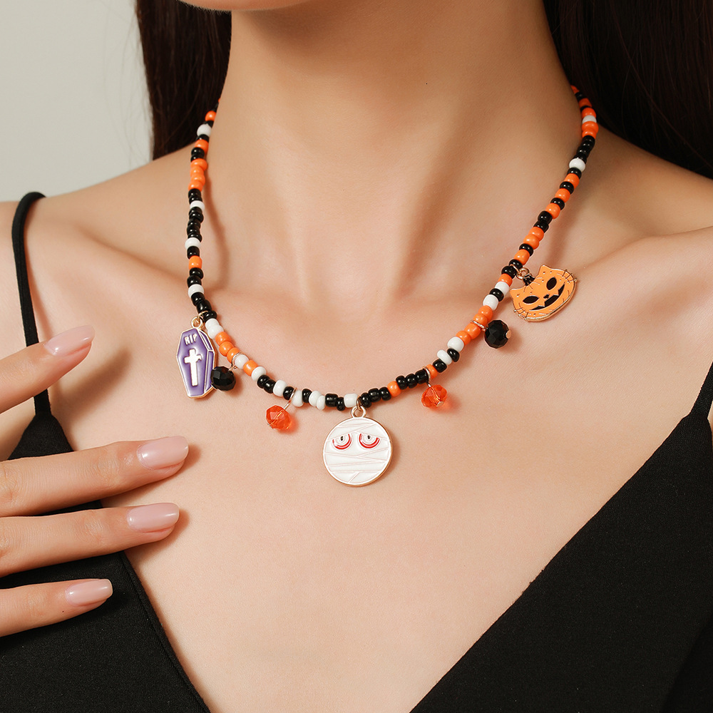 New Fashion Versatile Halloween Ghost Pumpkin Multi-Pendant Seed Bead Necklace