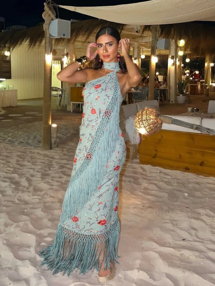 Print Tassels One-piece Long Dress Women Elegant Scarf Collar Sleeveless Backless Slim Party Dresses Fashion Ladies Vestidos 250813