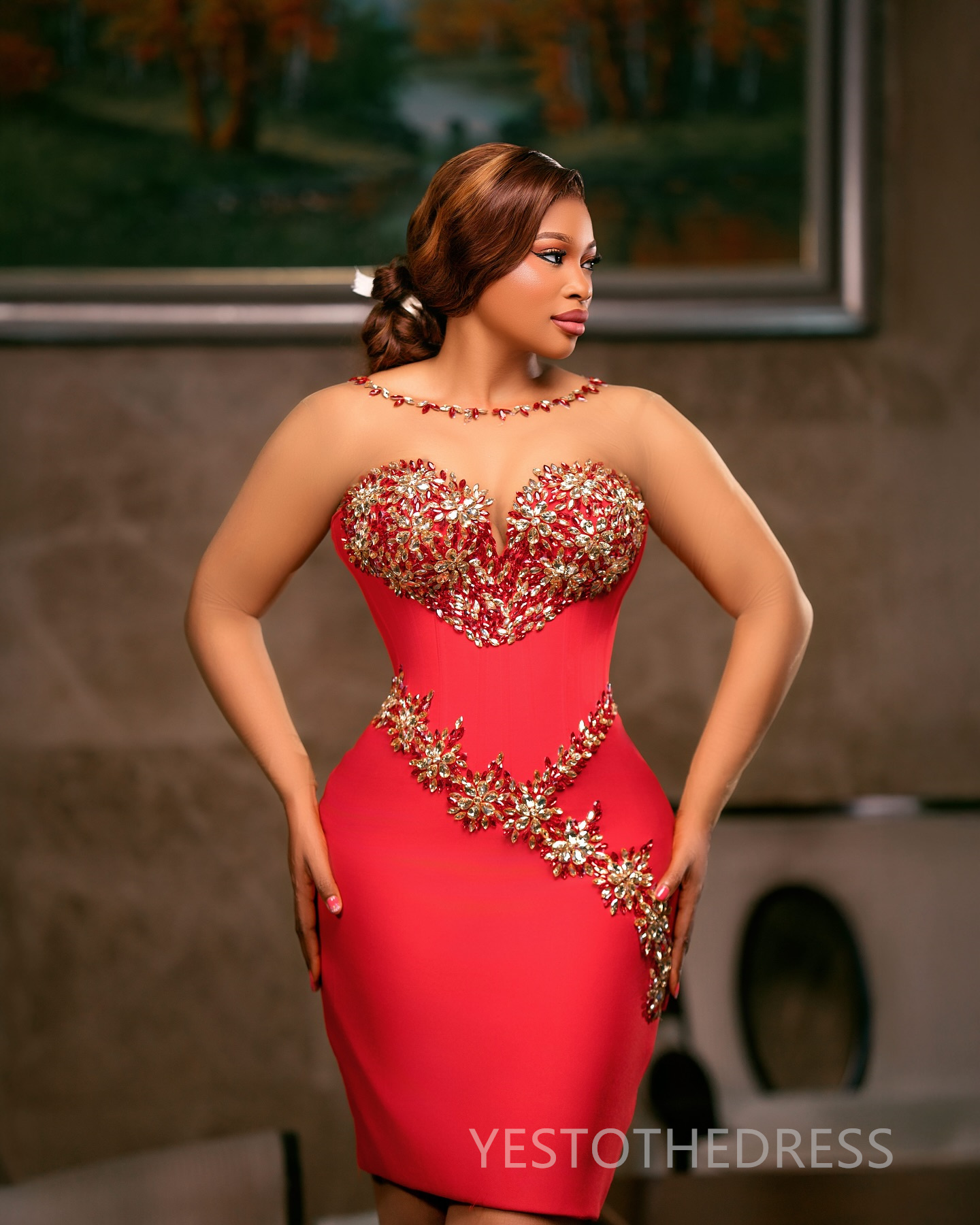 2025 Red Cocktail Dresses For Women Short Mini Dress Illusion Sheath Sheer Neck Appliqued Lace Rhinestones Crystal Homecoming Gown For Nigeria Black G