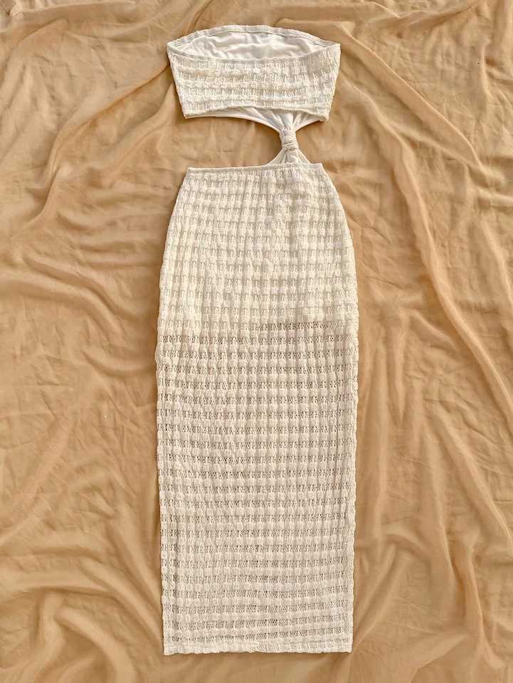 Womens Spring Summer Sexy Faux Hollow Out Strapless Long Dress Sleeveless Gown for Party Evening Wear XJ250814