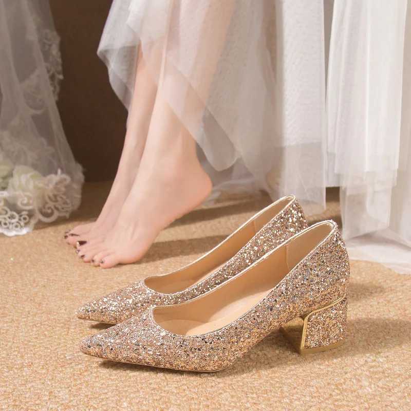 Thick Silver Glitter Heels Pumps Women Luxury Pointed Toe Party Wedding Shoes Woman Plus Size 42 Shallow High Heels Pumps Ladies W250814