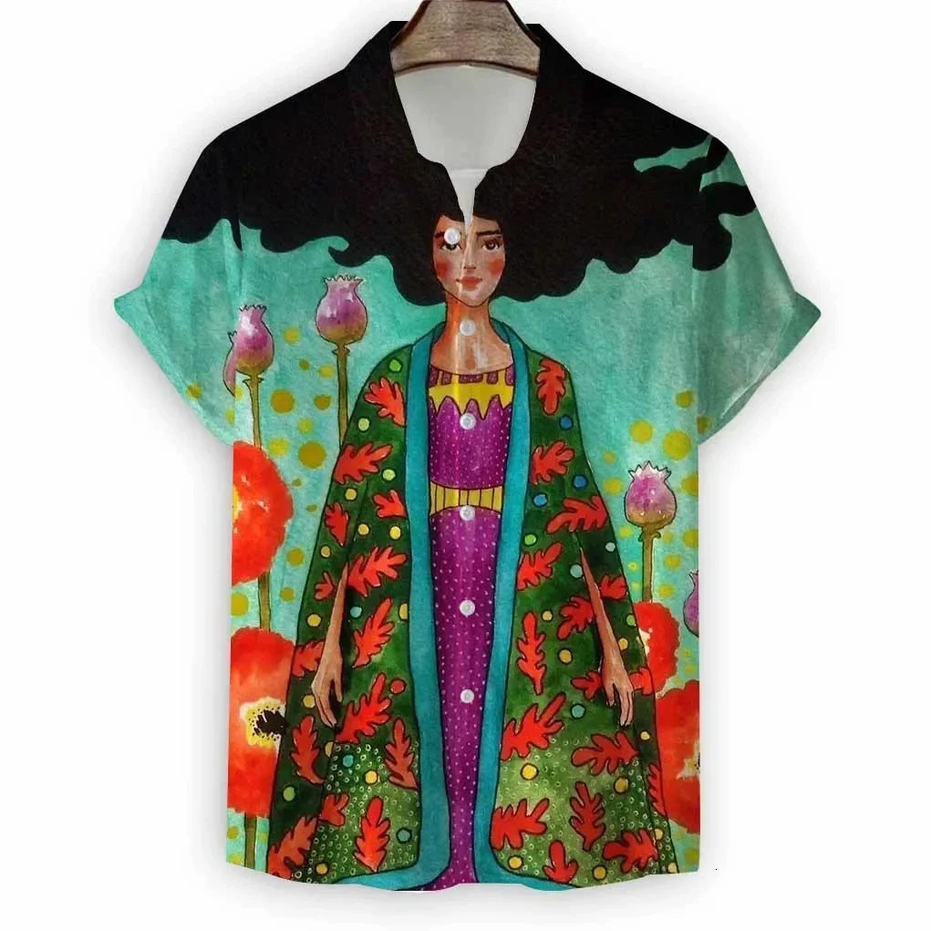 2024 Beach Modern Girls Print Mens Shirt Casual Fashion Button Lapel Streetwear Oversized Short Sleeve 250804