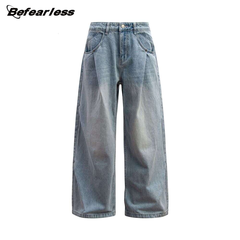 American Style Washed Vintage Double Pleat Jeans Unisex Trendy Loose Wide Leg Floor-Length Casual Pants B5