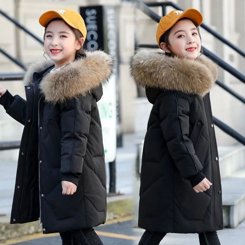 5-12 Years Girls Fur Collar Long Down Cotton Jacket Winter Keep Warm Coat Hooded Zipper Outerwear Christmas Kid Teenager Clothes 250813