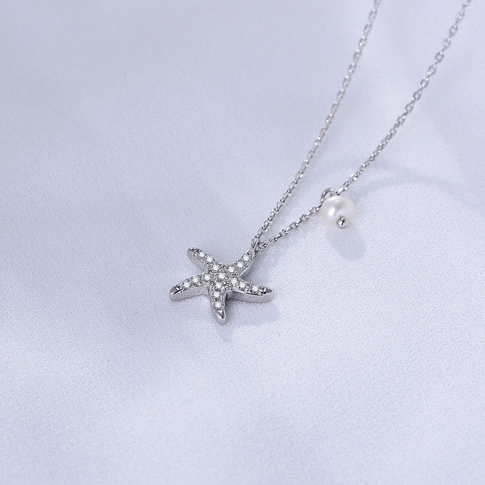 S Pure Sier Simple Full Dia Starfish Pentagram Short Clavicle Chain Pearl Necklace for Women with Unique Design and Light Jewelry for Women