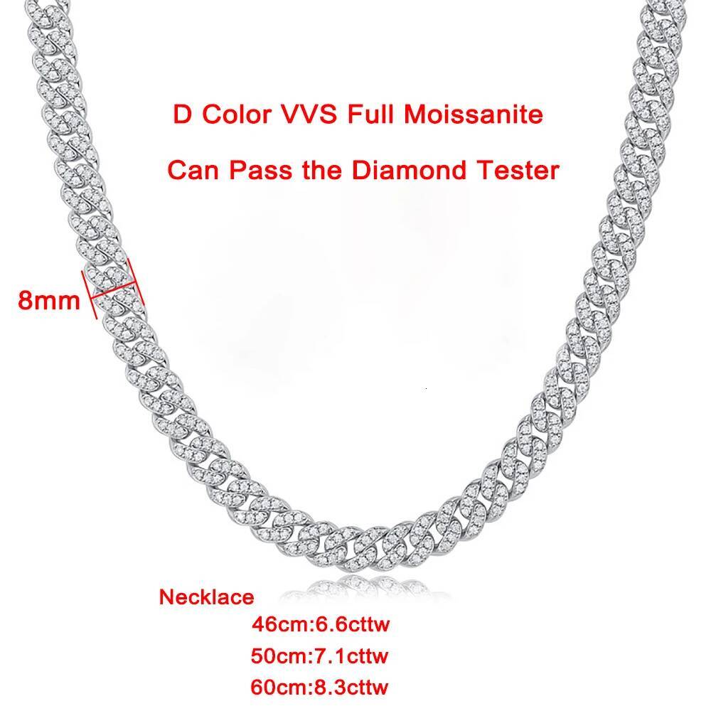 8mm Full Moissanite Cuban Necklaces for Men Women D Color Single Row Lab Diamond S925 Sterling Silver Hip Hop Jewelry Neck Chain