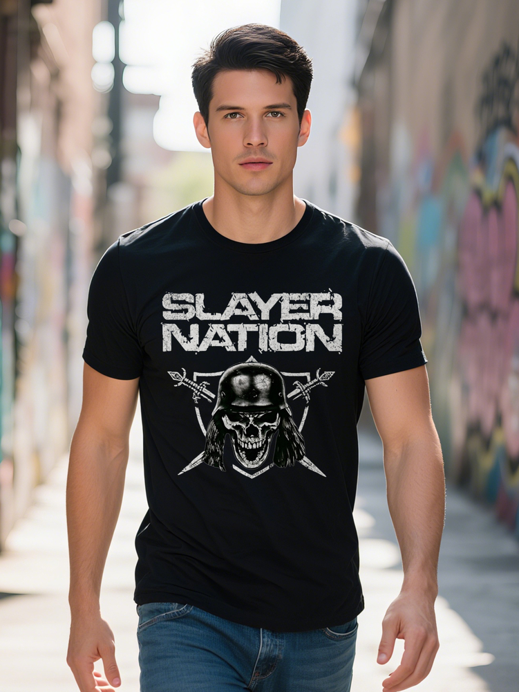 Men s Graphic T Slayer Nation Design with Skull in Helmet Hardcore Tee Round Neck Shirt Concerts Casual Attire
