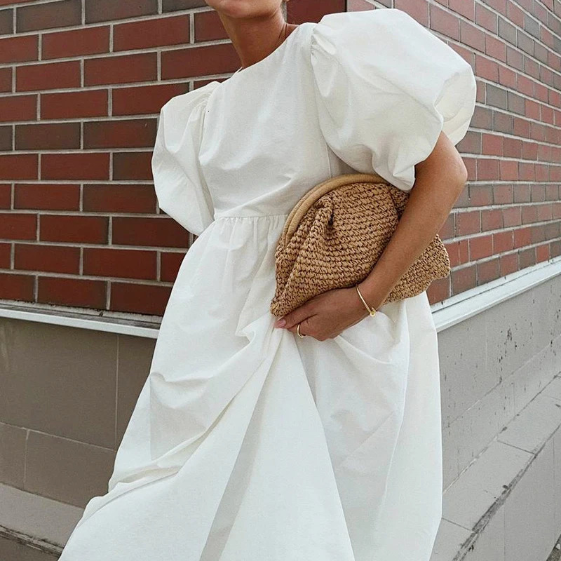 2025 Women Summer Puff Sleeve Bohemain White Long Dress High Waist Loose Style Cotton Boho Maxi Dress Vestidos Clothes 250813