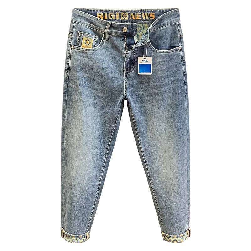 Trendy Embroidered Printed Jeans for Men 2025 New Fashionable Brand Slim Fit Elastic Washed Small Straight Pants