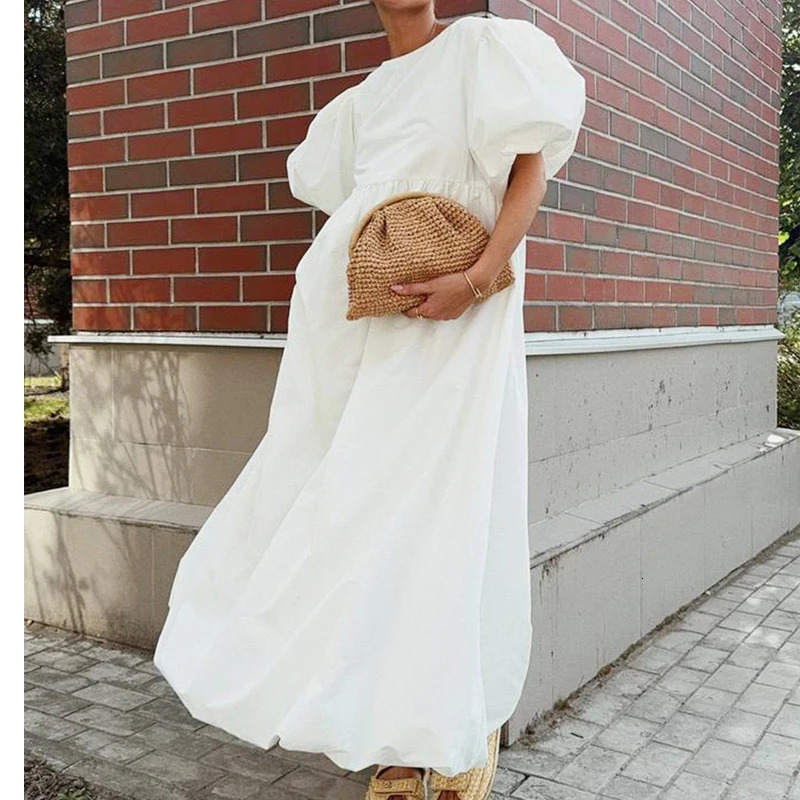 2025 Women Summer Puff Sleeve Bohemain White Long Dress High Waist Loose Style Cotton Boho Maxi Dress Vestidos Clothes 250813