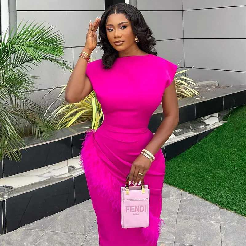 Women Dresses O Neck Pullover Solid Sexy Wrap Buttocks Dresses Ankle Length Office Lady Dress Slim Fit Sheath Feathers XJ250814