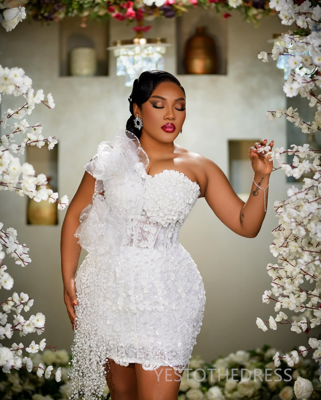 2025 Elegant Cocktail Dresses For Women Short Mini Dress Illusion Sheath One Shoulder Beaded Flora Lace Tassel Homecoming Dresses Gown For Nigeria Bla