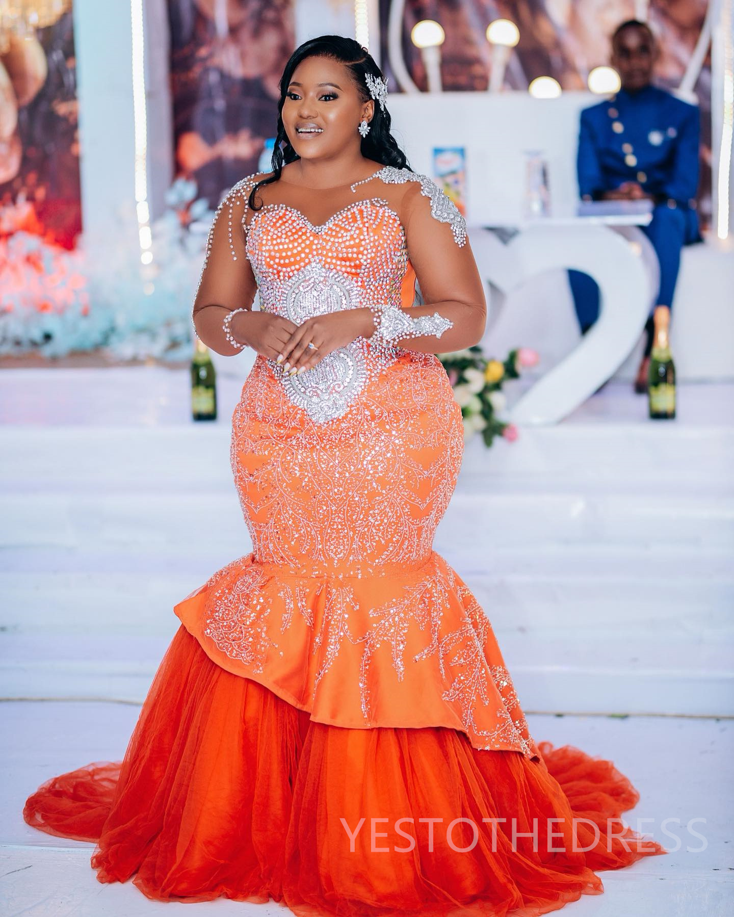 Plus Size Orange Prom Dress 2025 Evening Dresses For Special Occasions Sheer Neck Beaded Lace Crystals Tiered Tulle Birthday Dress Second Reception Go