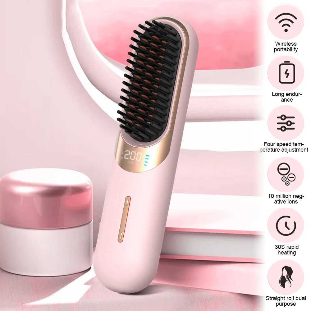 LED Electric Hair Brushes Cordless Hair Straightener Brush Portable Straightening Brush Negative Ions Hot Comb USB Charge W250814