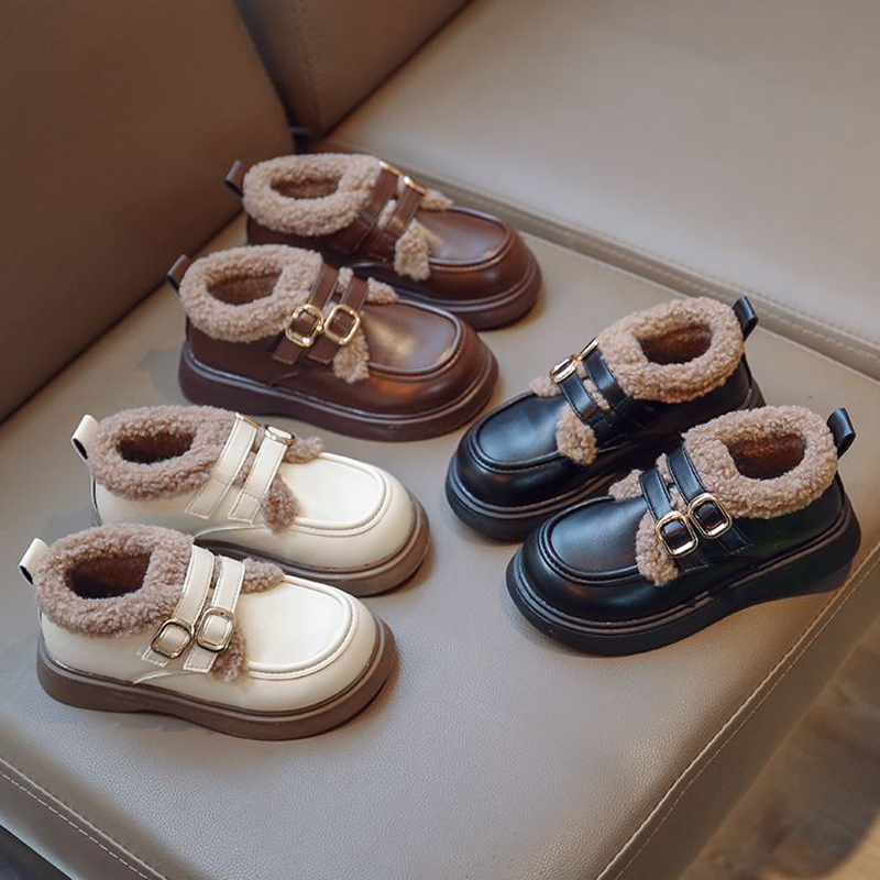 British Style Children Leather Shoes for Girls Winter 2025 Lamb Wool Warm Boys Uniform School Kids Cotton Shoes Kidsnest Plush PU Sizes US5C-US3Y