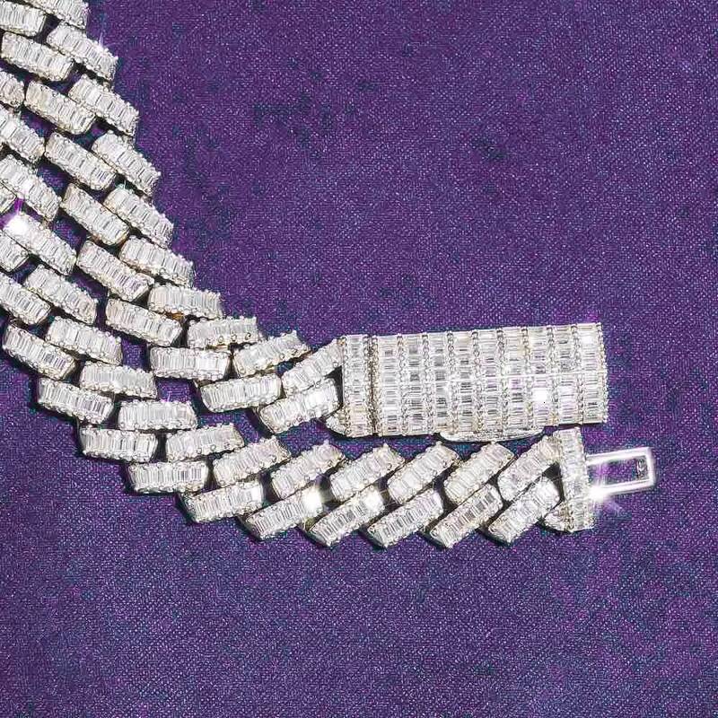 Hip Hop 925 Sterling Silver Mens Womens Iced Cuban Link Chain VVS Moissanite Baguette Passd Diamond Tester Moissanite Necklace