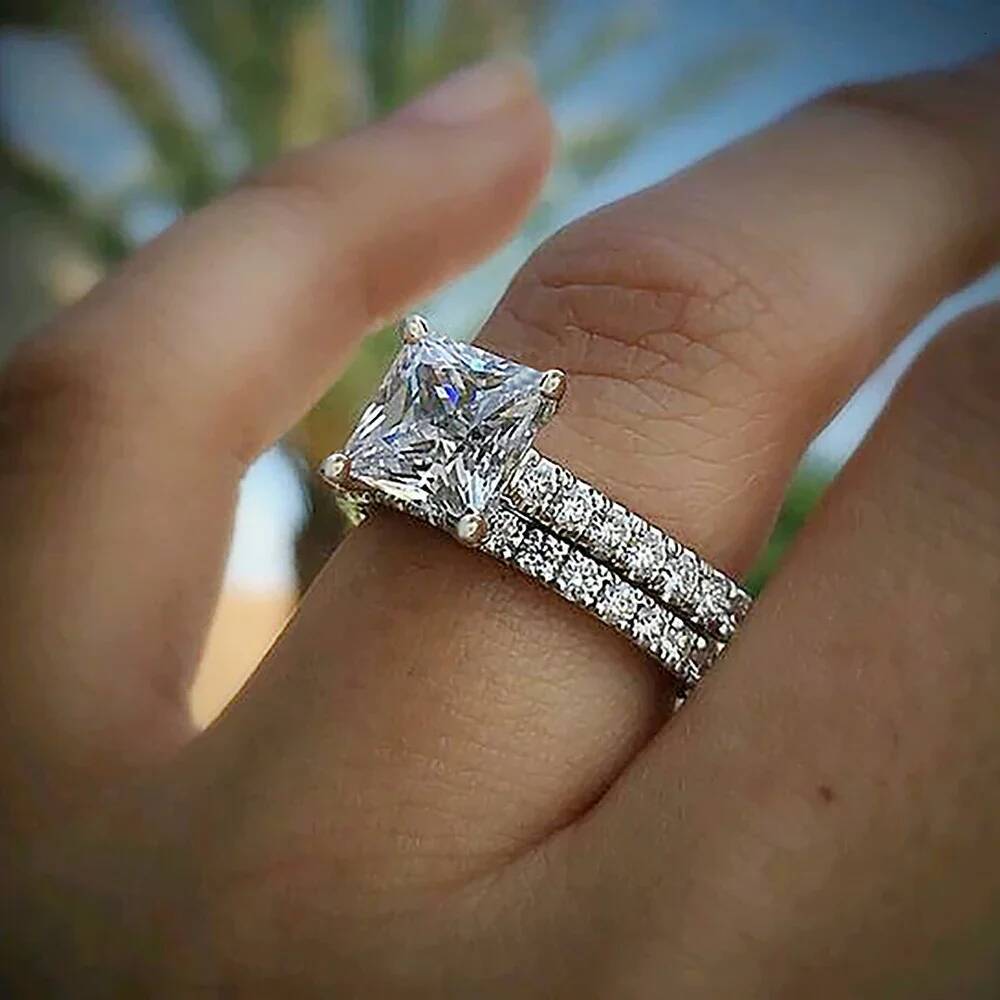 4.6cttw Princess Cut All Moissanite Hidden Halo Rings for Women 925 Sterling Silver Square Diamond Engagement Ring Wedding Band