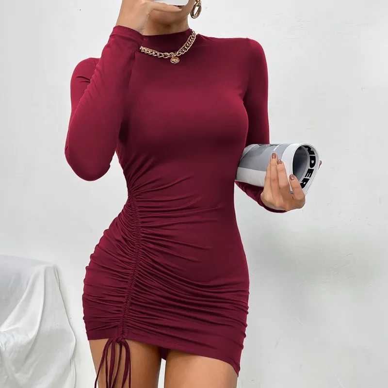 2025 New Dresses Woman Fashion Summer High-neck Long-sleeve Pleated Tie-up Dress Skirt Womens Clothing XJ250814