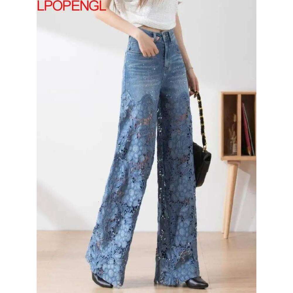 High-waisted Wide-leg Jeans Women's Fall 2023 Fashion Temperament Versatile Wisps Of Hollow Lace Panels Denim Draped Pants