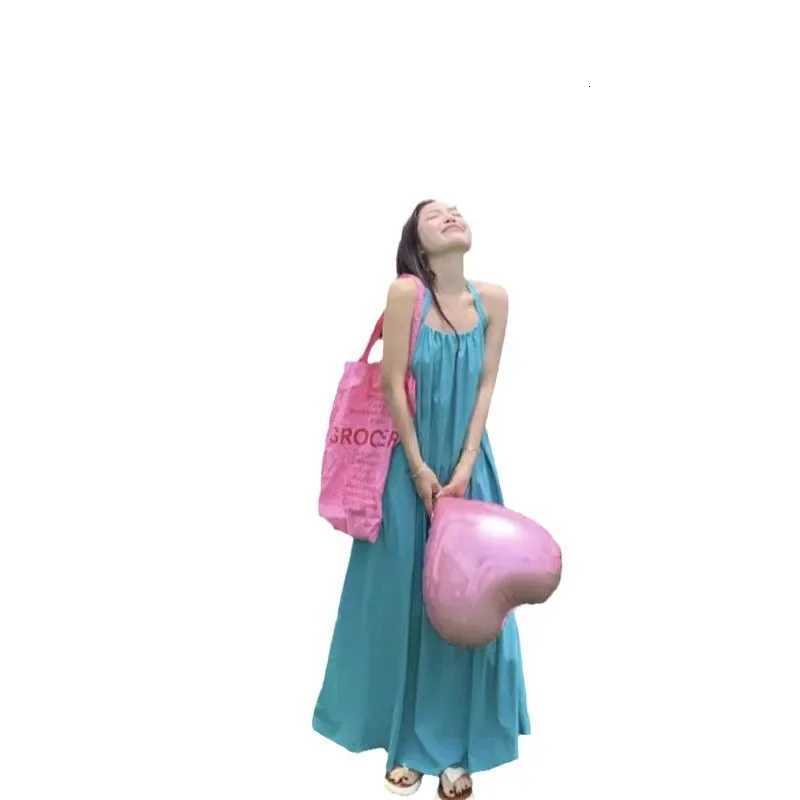 Summer Vacation Dress Thailand Style Open-back Halter Neck Age-reducing Photography Beach Long Dress with Belt XJ250814
