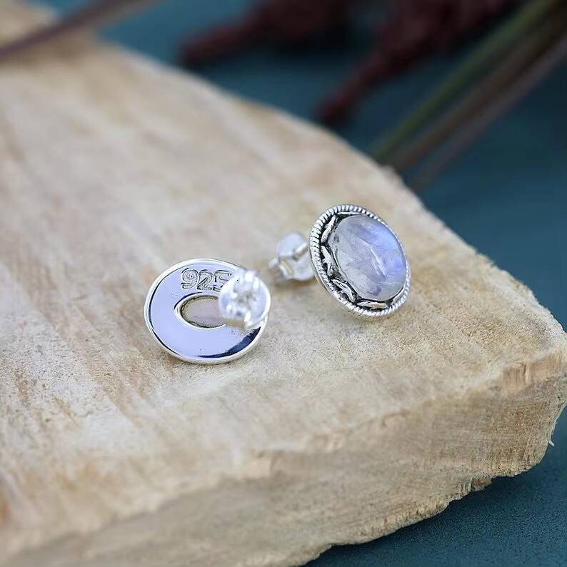 Natural Rainbow Moonstone Oval Loose Bohemian Style Fashion Earrings Pure Sier Fine Jewelry for Women