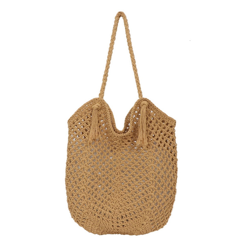 Casual Large Capacity Commuter Cotton Woven Hollow Straw Lazy Style Beach Vacation Shoulder Bag for Women