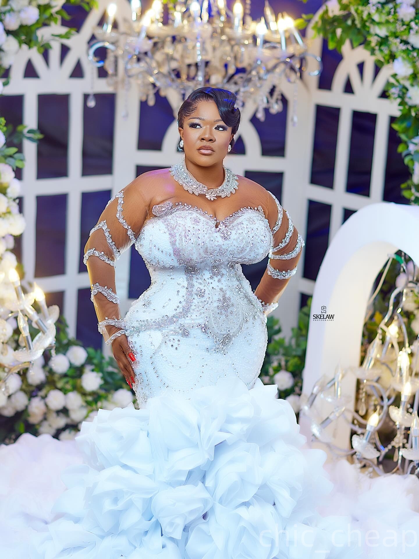 2025 Aso Ebi Plus Size Off White Mermaid Wedding Dress Beaded Crystals Flowers Full Sleeves Vintage Bridal Gowns Dresses ZJ0667