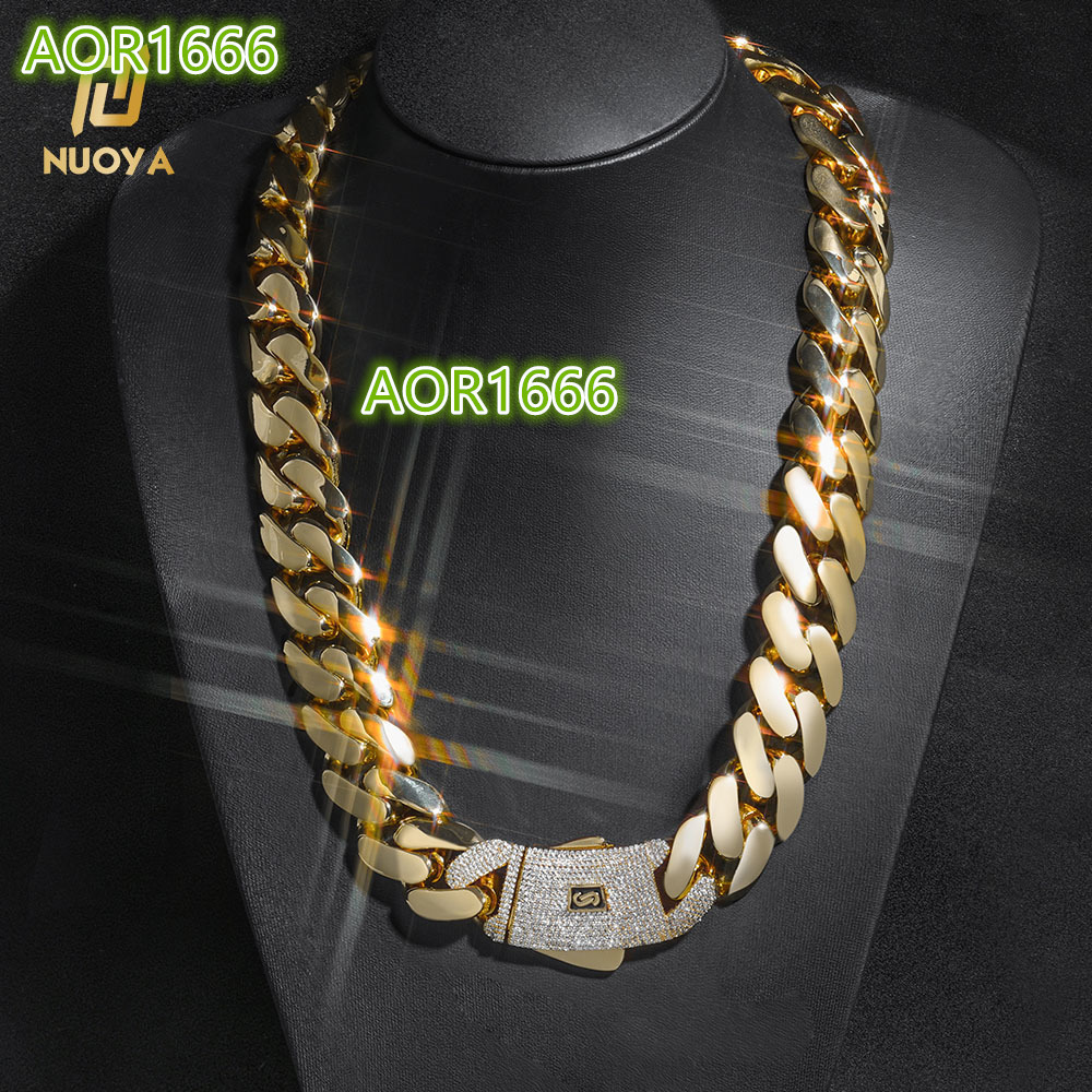 NUOYA 14K Gold Plated Thick Solid Cuban Link Chain Hip Hop Jewelry Iced Diamond Clasp Flat Miami Cuban Link Necklace for Men